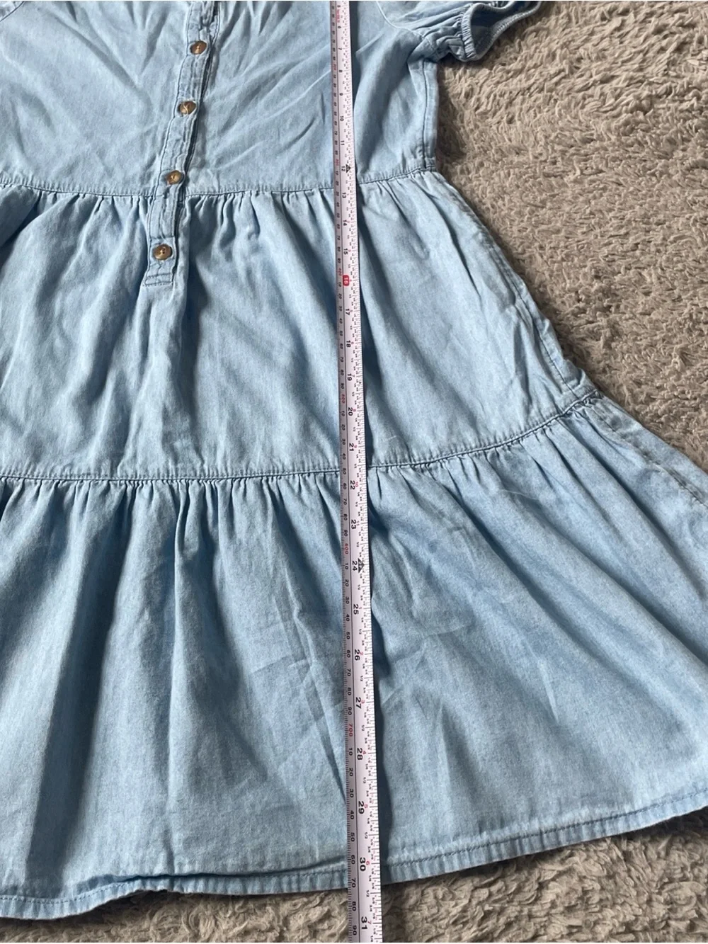 Gap Kids Girls Chambray Tiered Dress Size XL 14/16 Blue Denim Puff Sleeve Short
